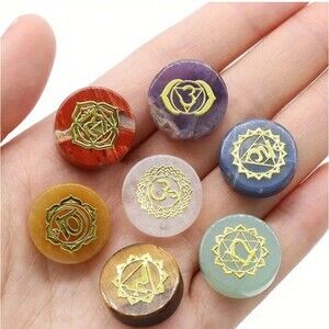 Round crystal Chakra symbols set of‎ stones